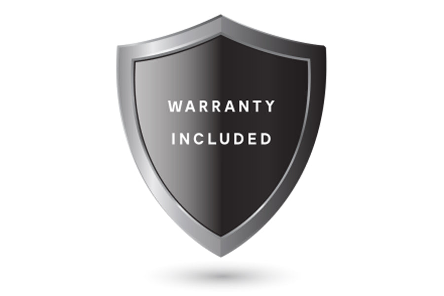 Black and gray shield badge with "Warranty Included" text, indicating product protection coverage