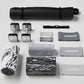 Lululemon Studio Mirror Pro home fitness equipment set including black cylindrical speaker, pair of small dumbbells, black he
