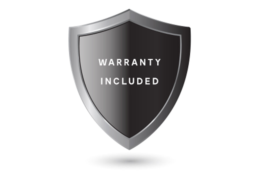 Black and gray shield badge with "Warranty Included" text, indicating product protection coverage