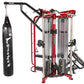 Hoist MCS-8004 Motioncage Studio Package 4 multi-station gym system in red and black with attached heavy bag on white backgro