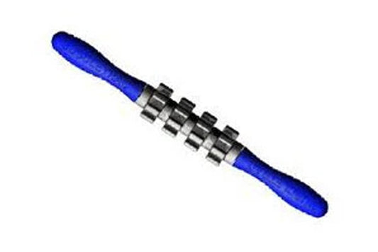 Blue and black muscle roller with textured handles and metal massage wheels in center, on white background