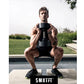 Man performing dumbbell squat with NÜOBELL 50lb adjustable black dumbbell outdoors, demonstrating exercise form