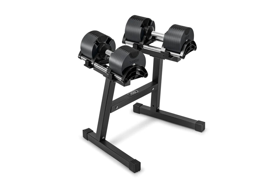 Pair of black adjustable dumbbells with metal handles on matching stand, isolated on white background