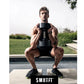 Male athlete performing squat exercise with black adjustable dumbbell, outdoor setting with pool and grass background
