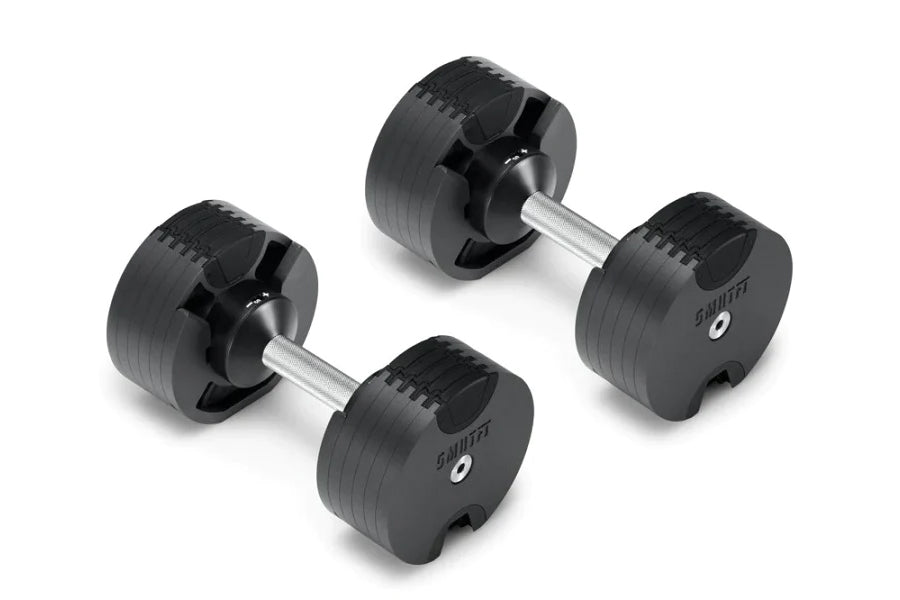 Pair of black adjustable dumbbells with silver handles and weight plates marked in pounds, shown on white background