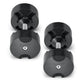 Pair of black rubber-coated adjustable dumbbells with metal handles on white background