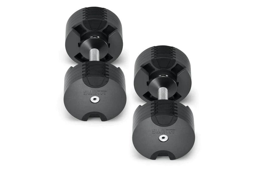 Pair of black rubber-coated adjustable dumbbells with metal handles on white background