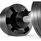 Black adjustable dumbbell with textured handle and weight plates on white background