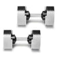 Pair of NÜOBELL adjustable dumbbells with white rectangular weight plates and black handles on white background