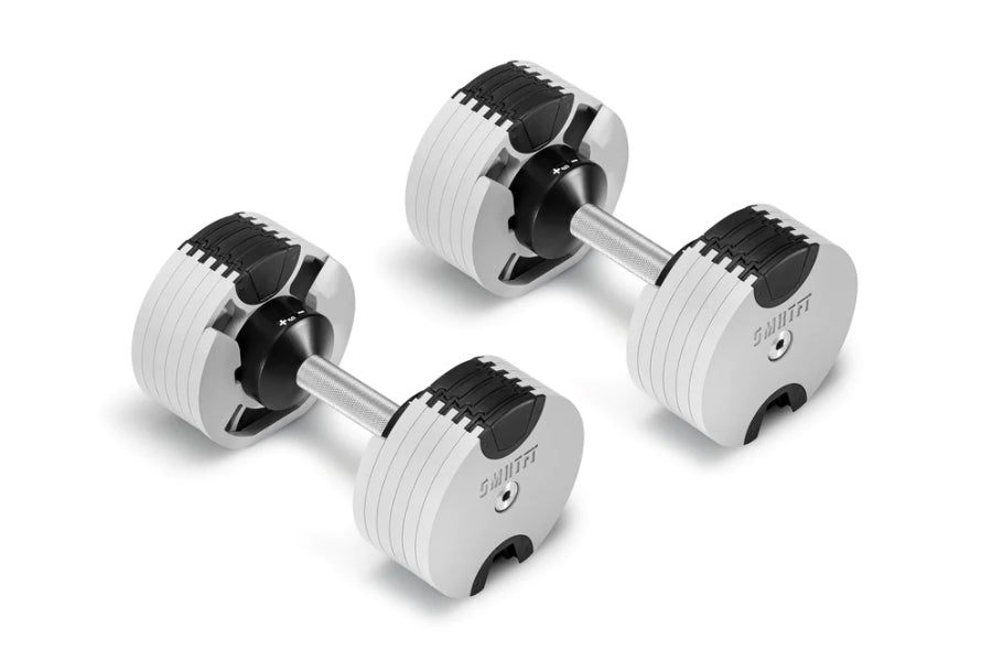 Pair of white and black adjustable dumbbells with metal handle, shown on white background