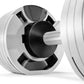 Ash gray adjustable dumbbell with black center dial and white textured handle, shown at angle on white background