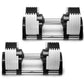 Pair of adjustable dumbbells with white and black weight plates, metal handles, and grip ridges on white background