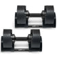 Pair of black adjustable dumbbells with textured grip handles and silver center bars, shown from side view on white backgroun