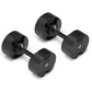 Pair of black matte adjustable dumbbells with textured grip handles and weight markings, displayed on white background