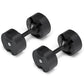 Pair of matte black adjustable dumbbells with numbered weight plates and black metal handles on white background