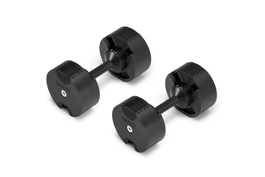 Pair of matte black adjustable dumbbells with numbered weight plates and black metal handles on white background