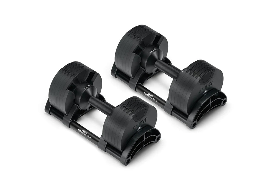 Pair of matte black adjustable dumbbells with textured grip handles and weight adjustment mechanism on white background