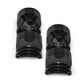 Pair of black adjustable dumbbells with rotating weight selector dials and textured grip handles, shown on white background