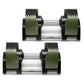 Pair of Nüobell adjustable dumbbells with olive green weight plates, black handles, and silver metal bars, shown stacked on w