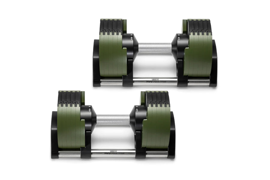 Pair of Nüobell adjustable dumbbells with olive green weight plates, black handles, and silver metal bars, shown stacked on w