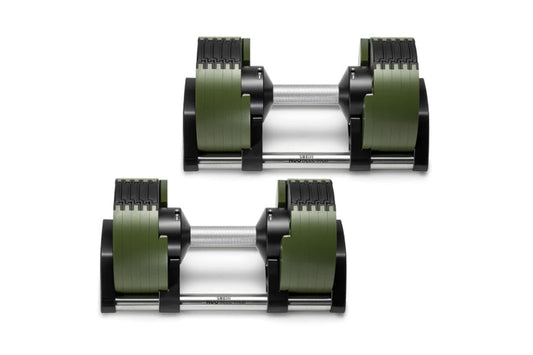Pair of Nüobell adjustable dumbbells with olive green weight plates, black handles, and silver metal bars, shown stacked on w