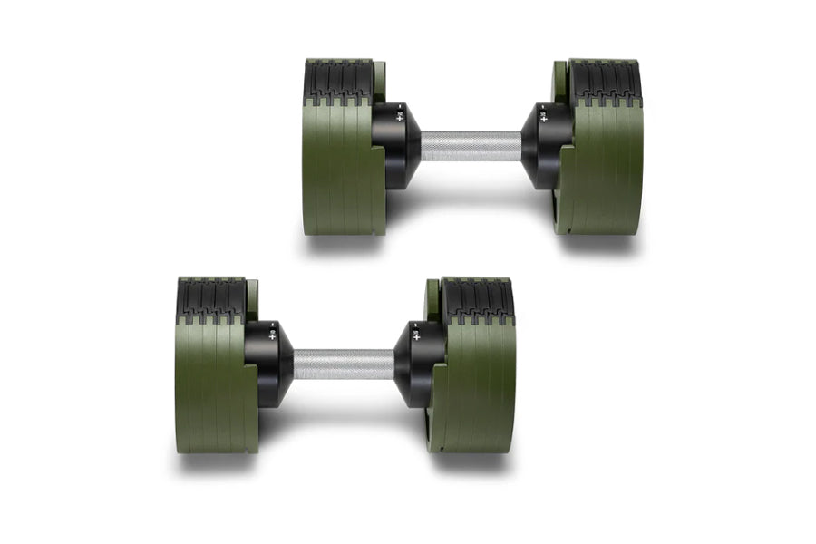 Pair of green and black adjustable dumbbells with metallic chrome handles on white background