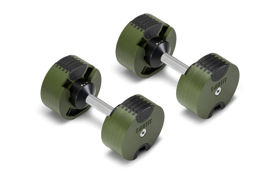 Pair of olive green adjustable dumbbells with black handles and grip plates, connected by chrome handle bars, shown on white 