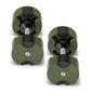 Pair of olive green and black adjustable dumbbells with metal handles on white background