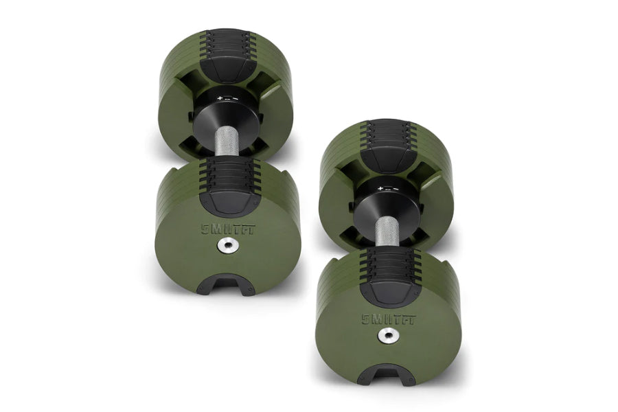 Pair of olive green and black adjustable dumbbells with metal handles on white background