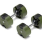 Pair of olive green adjustable dumbbells with black top caps and silver handles, displayed on white background