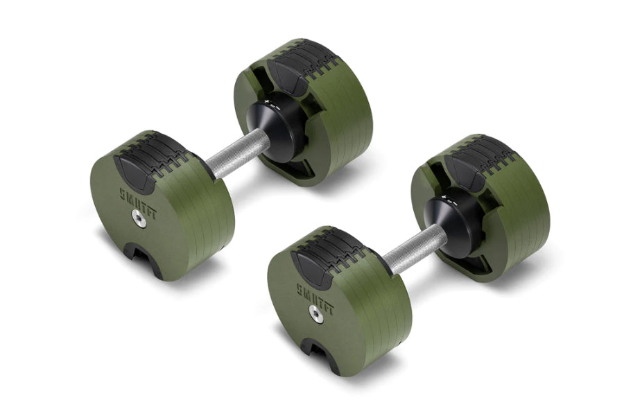 Pair of olive green adjustable dumbbells with black top caps and silver handles, displayed on white background