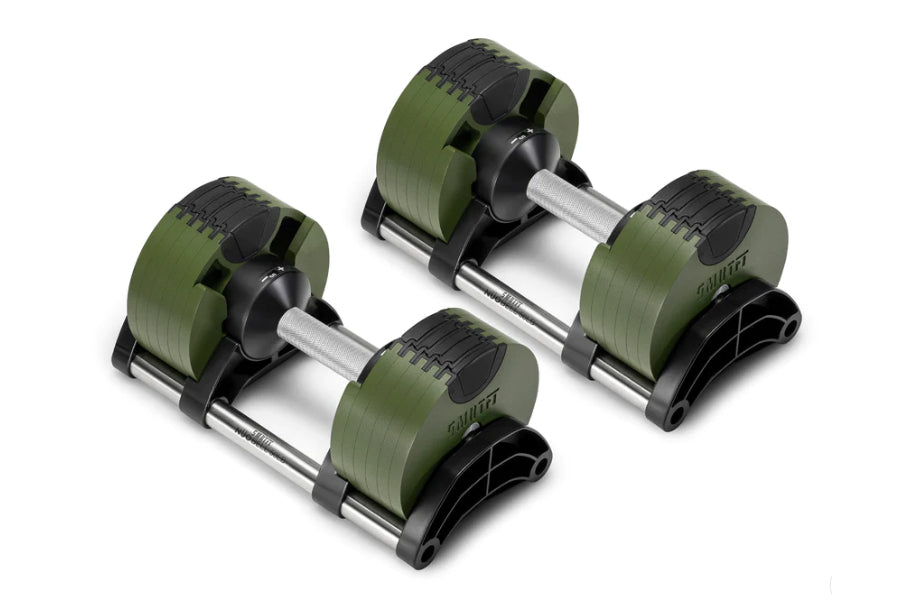 Pair of adjustable dumbbells with olive green weight plates, black handles, and chrome shaft, shown on white background
