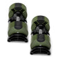 Pair of olive green and black adjustable dumbbells with metal handles on white background
