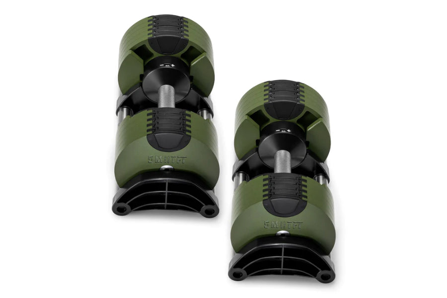 Pair of olive green and black adjustable dumbbells with metal handles on white background