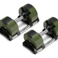 Pair of olive green and black adjustable dumbbells with metal handles on white background
