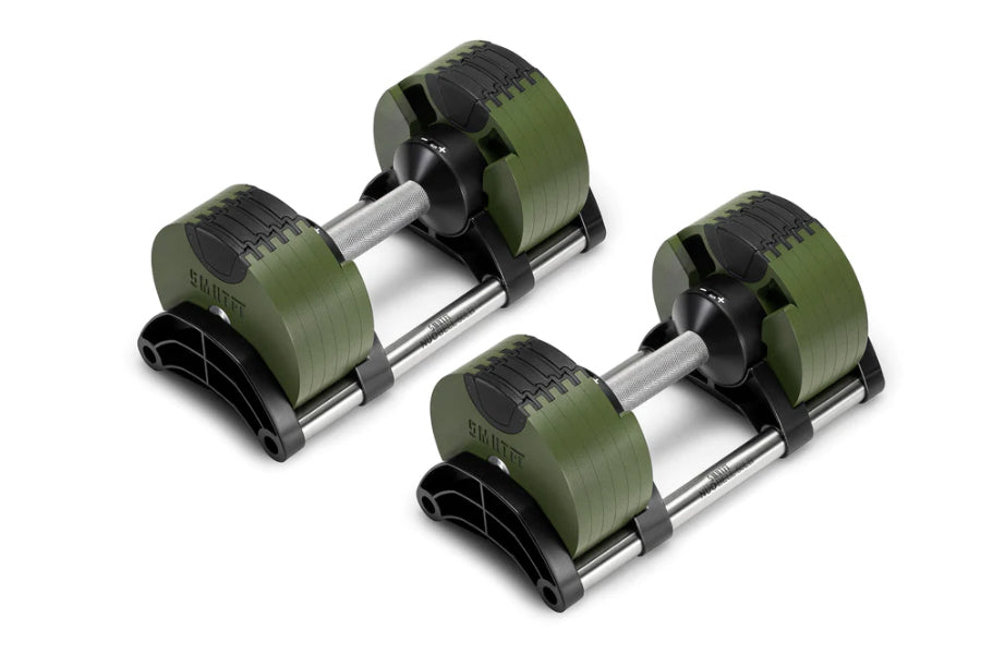 Pair of olive green and black adjustable dumbbells with metal handles on white background