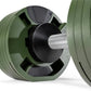Sage green adjustable dumbbell with black center collar and gray mesh grip handle on white background