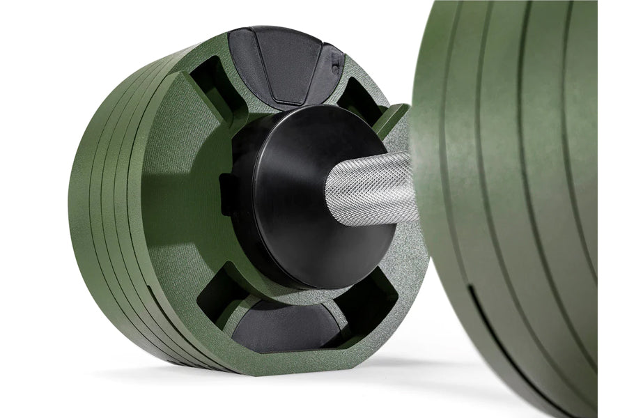 Sage green adjustable dumbbell with black center collar and gray mesh grip handle on white background