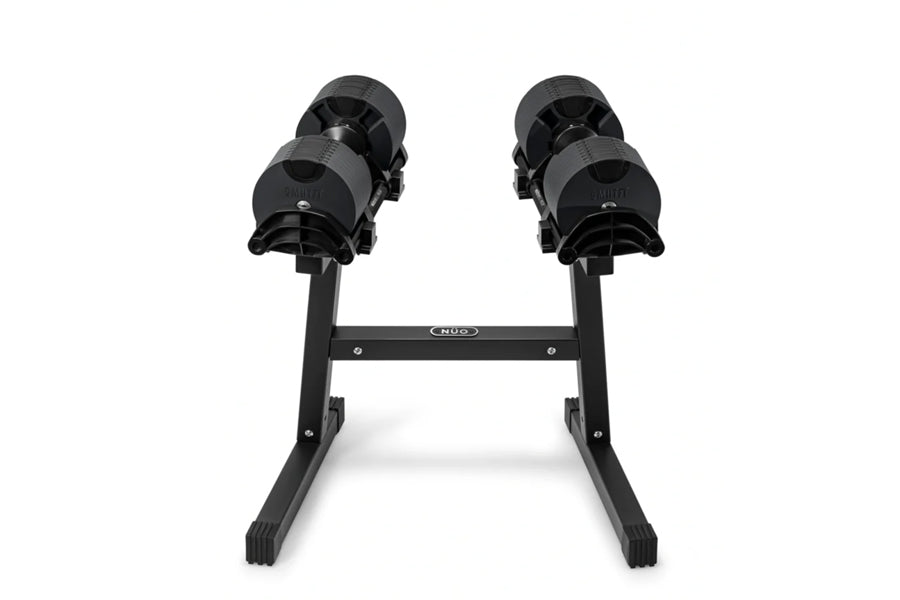 Black adjustable dumbbell stand with two cylindrical weights and double-leg base, viewed from front on white background