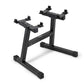 Black adjustable dumbbell stand with double-legged frame and four upper cradles, on white background