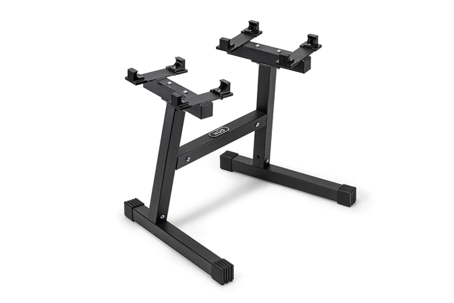 Black adjustable dumbbell stand with double-legged frame and four upper cradles, on white background