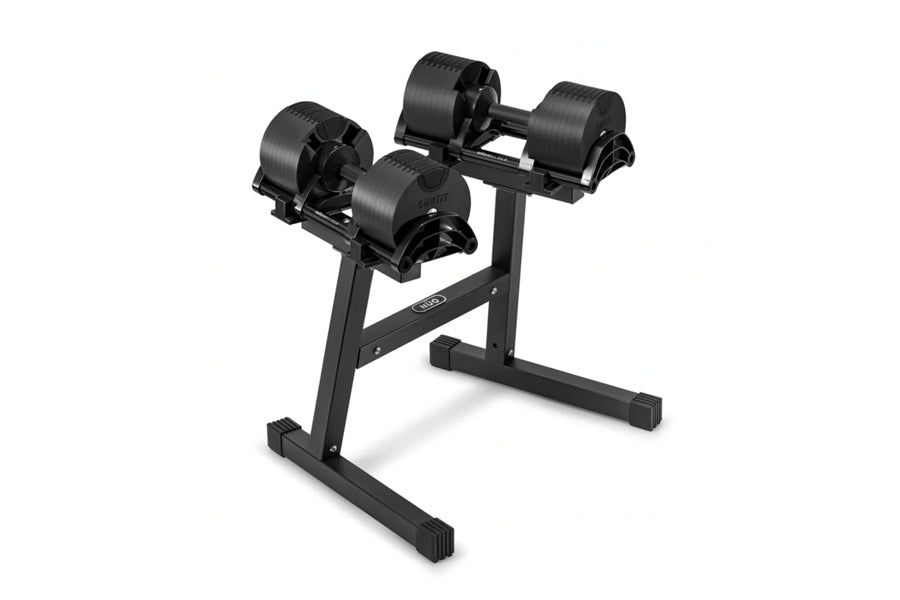 Black adjustable dumbbell stand with double legs holding two black spinlock dumbbells, shown on white background