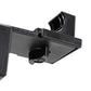 Black metal dumbbell stand with double legs and adjustable mounting bracket on white background