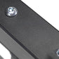 Black metal dumbbell stand with textured finish and chrome hardware detail, close-up view