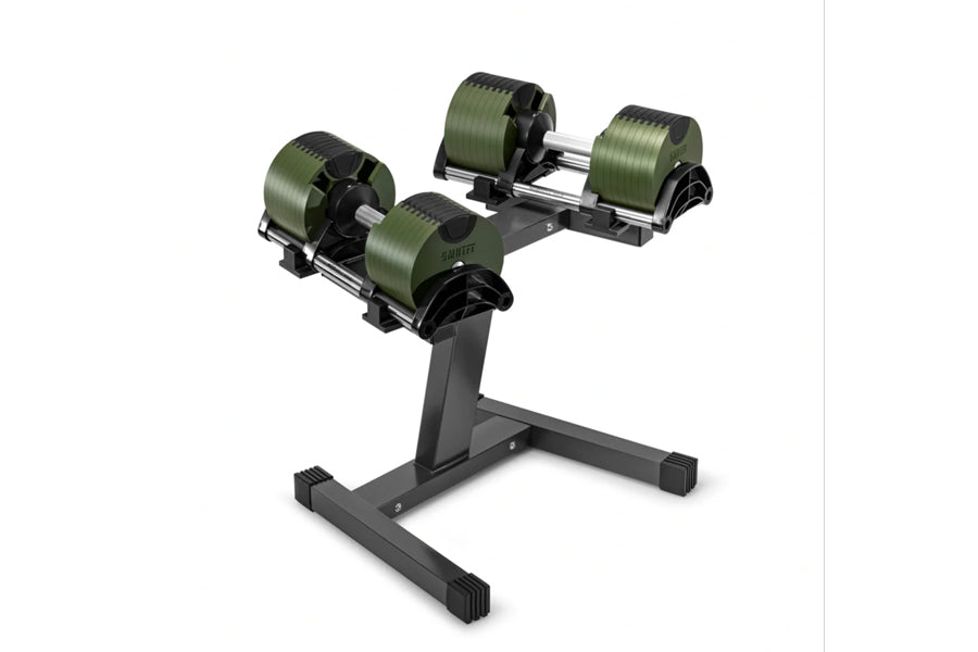 Pair of olive green and black adjustable dumbbells on single-legged steel stand, displayed on white background