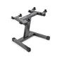 Black steel adjustable dumbbell stand with single leg and multiple mounting clips, shown on white background