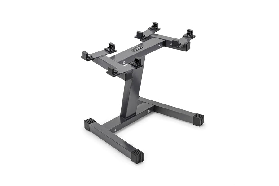 Black steel adjustable dumbbell stand with single leg and multiple mounting clips, shown on white background