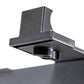 Black steel dumbbell stand with single leg support and adjustable upper bracket on white background