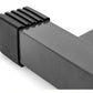 Black steel dumbbell stand with ribbed top and single leg support on white background