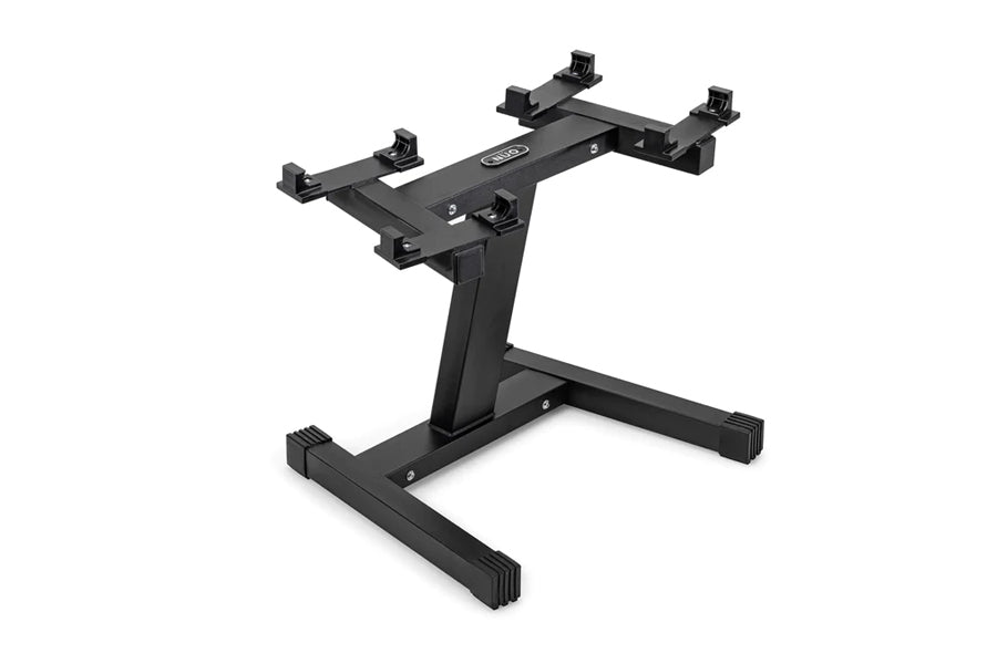 Black adjustable dumbbell stand with single-legged base and multiple mounting brackets on horizontal bar, on white background